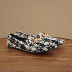 Steve Madden Womens Famed Flats Slip On Tweed Blue White Pointed Chain 9.5M